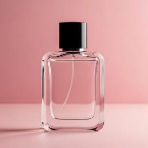 empty clear glass perfume bottle with black cap on pink background photo